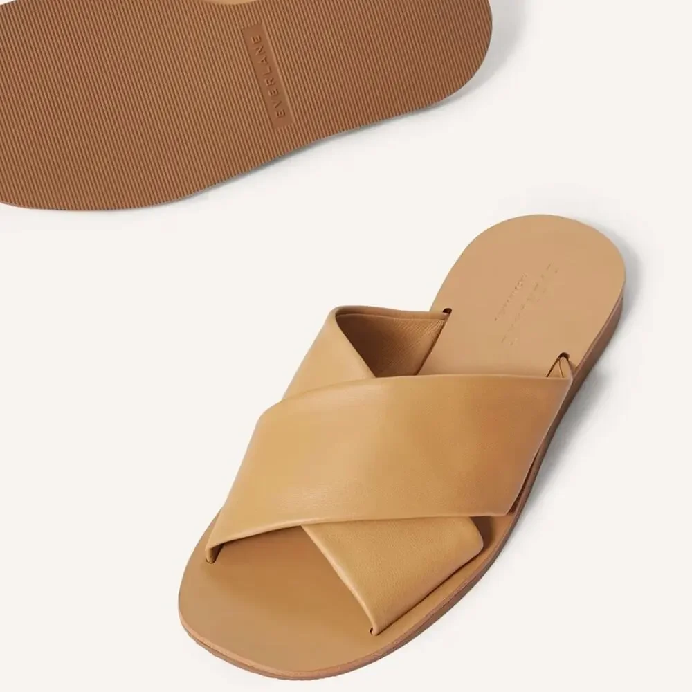 Everlane Day Crossover Sandals Leather Tan Flat Slide Size 7.5 New w/o Box - Picture 2 of 7